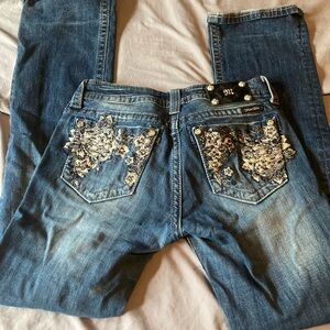 Miss Me Blue Jeans with Floral Embroidery